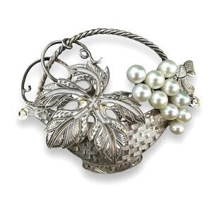 JAPANESE Sterling Silver Flower BASKET Pearl Antique Rare Japan 925 Brooch